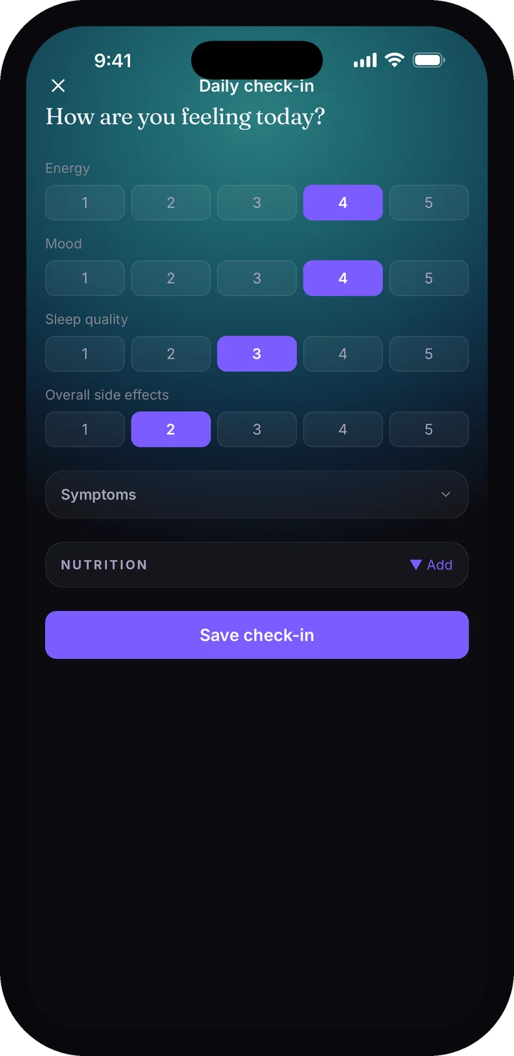 The Lumara check-in: energy, mood and sleep on a simple scale, with symptom tags.