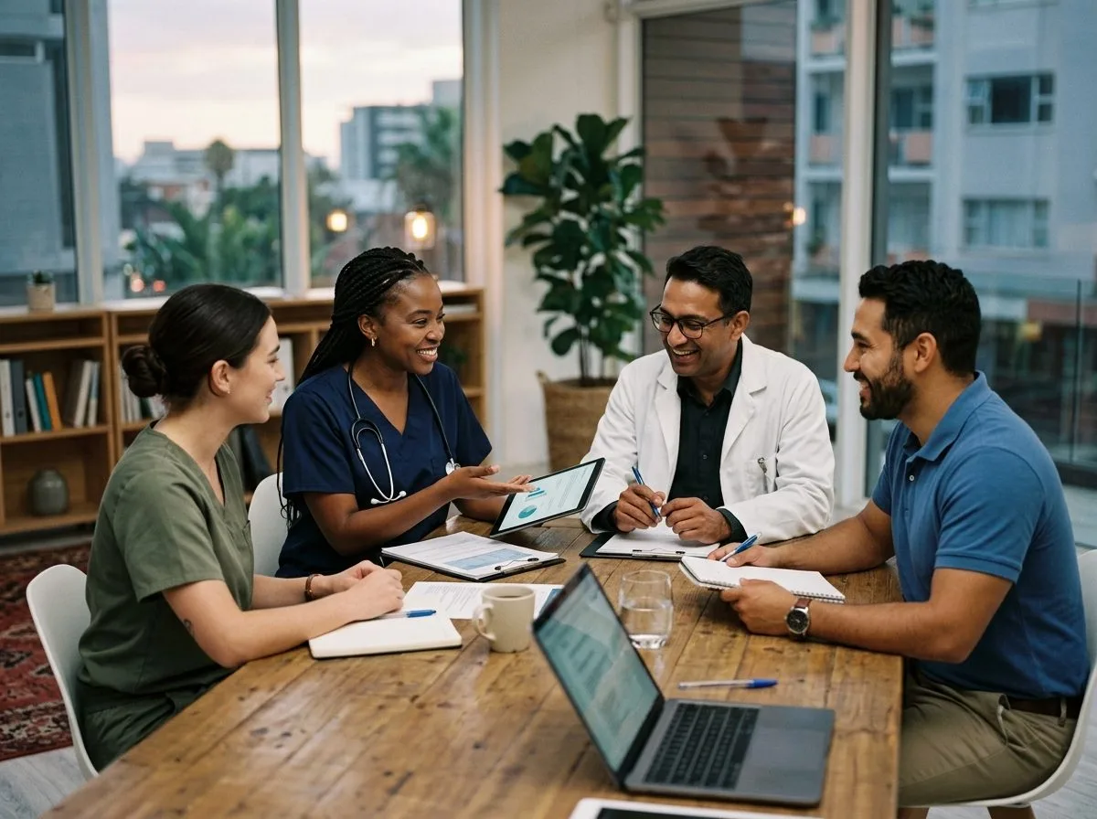 Four clinic staff around a table at dusk, talking over a tablet, printouts and a laptop.