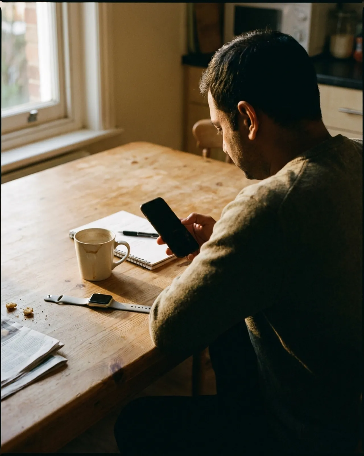 A man at a kitchen table glancing at his phone in morning light, a smartwatch on the table beside him.