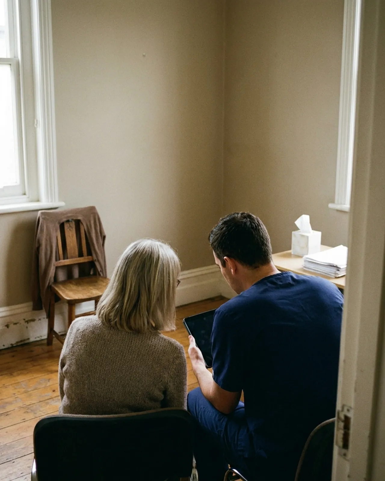 Two people sitting side by side in a consulting room, looking together at a tablet.