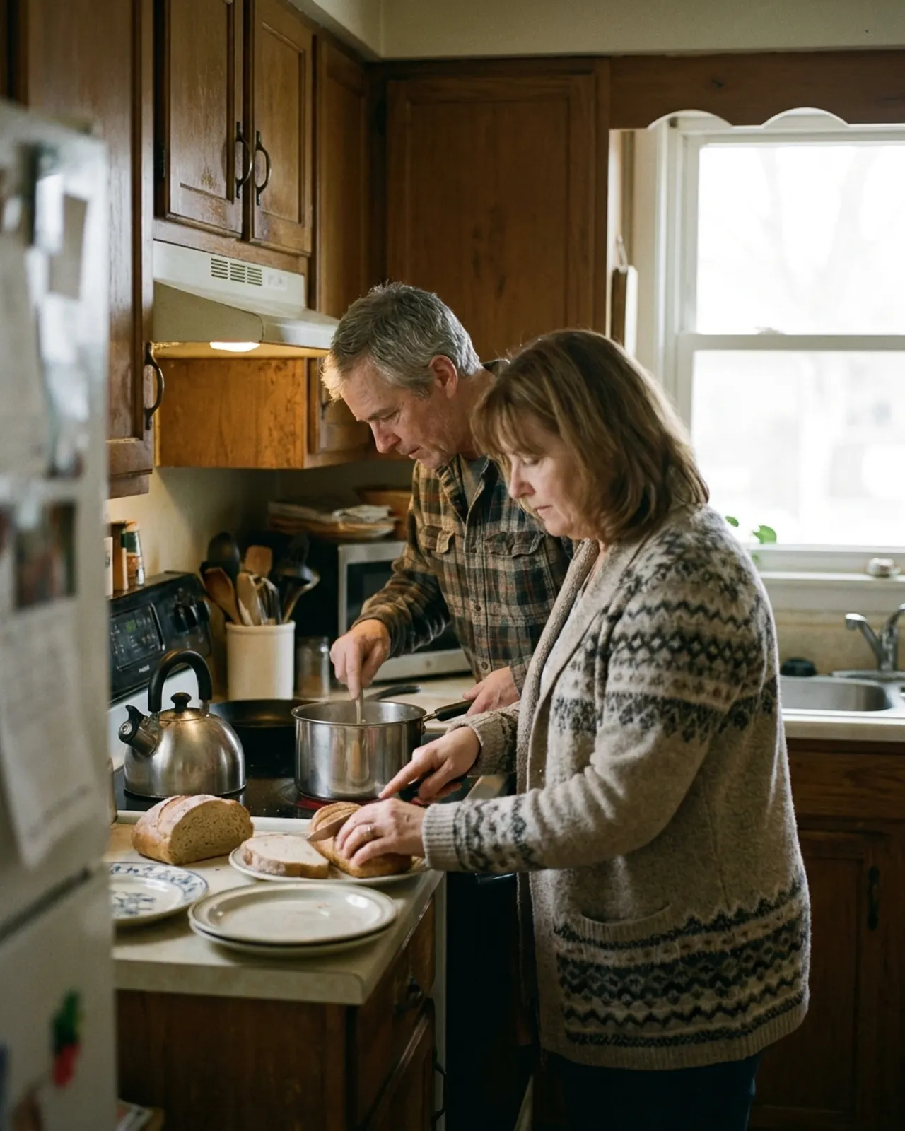 A man and a woman in their sixties making breakfast together in a sunlit kitchen, neither looking at the camera.