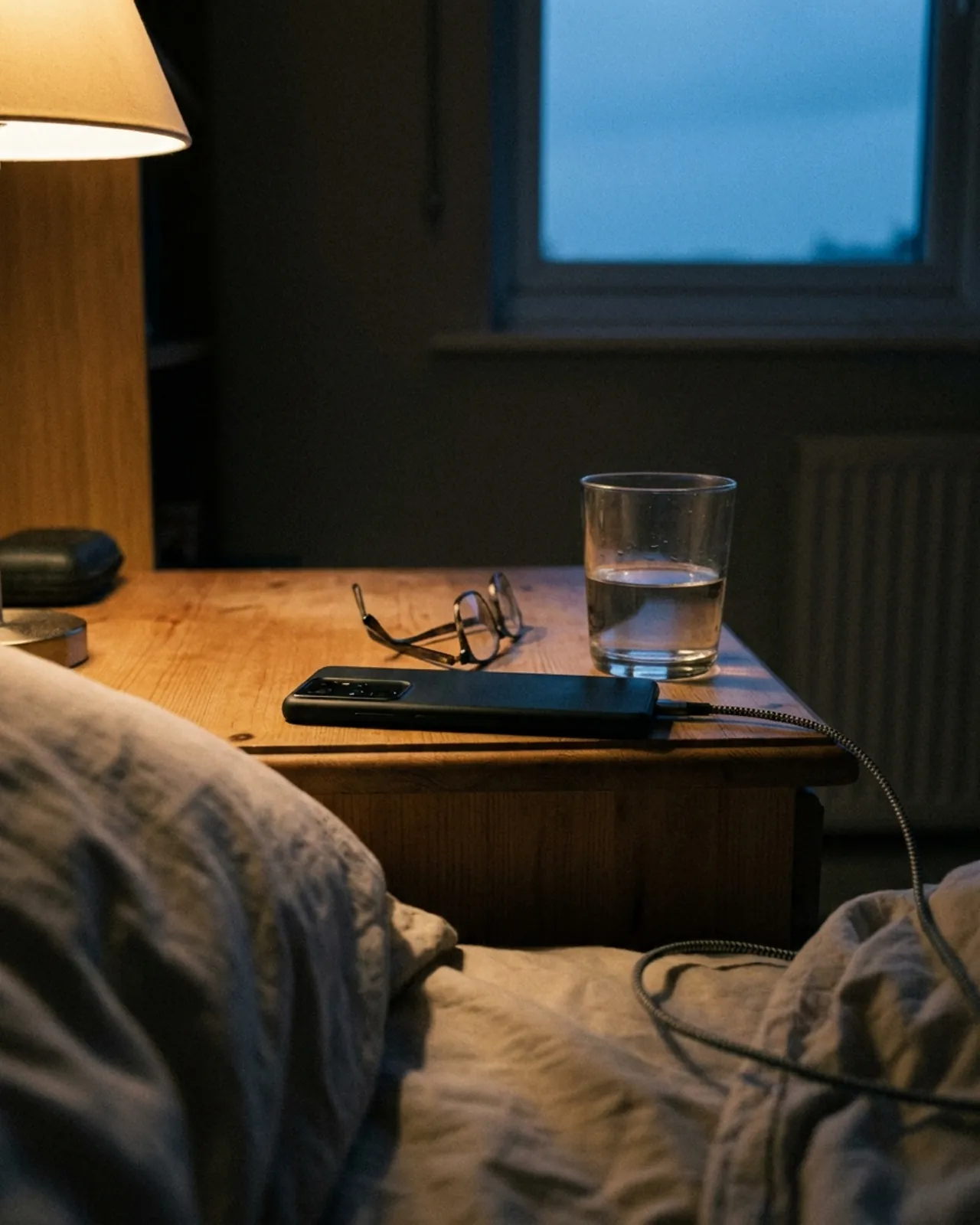 A bedside table at dusk with a phone lying face-down, reading glasses, a glass of water and a lamp just switched on.