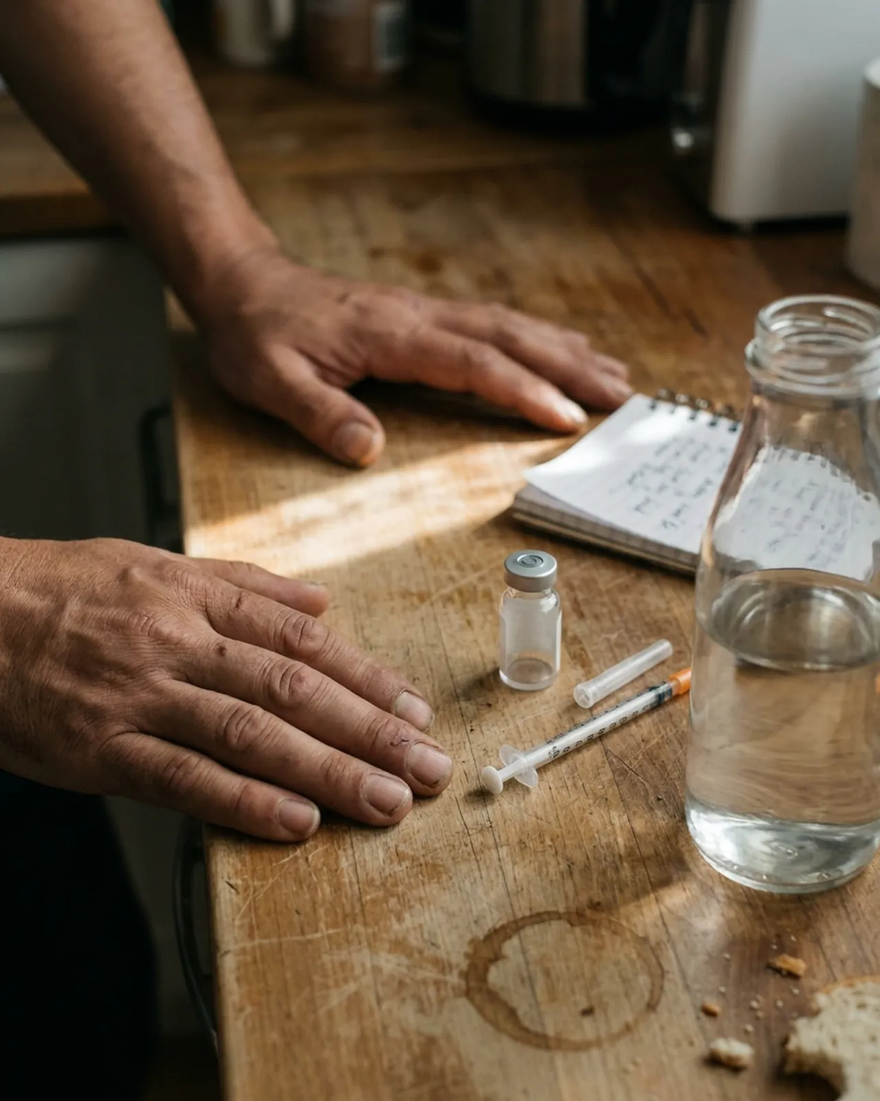 Hands resting at a sunlit wooden kitchen counter beside an unlabelled vial, a capped syringe and a notepad of handwritten numbers.
