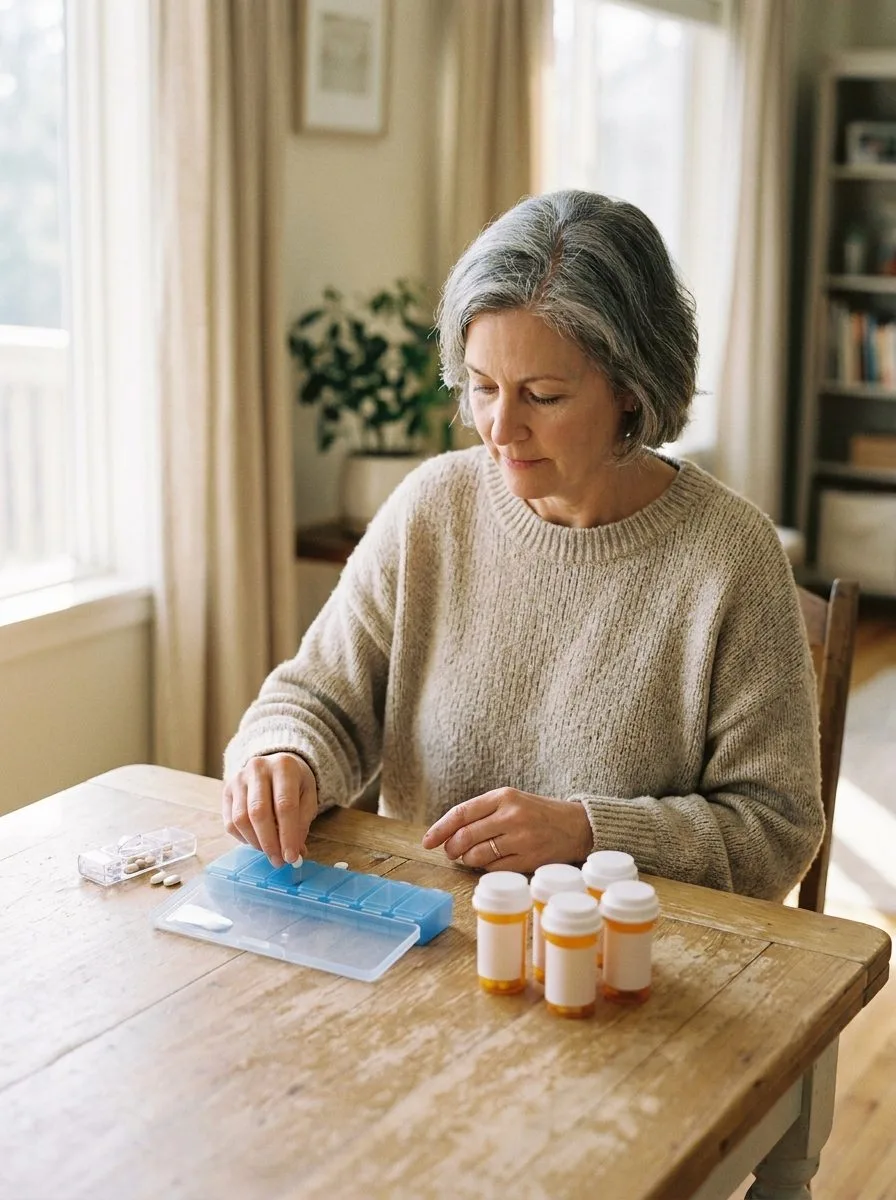 A person calmly organising medications at home.