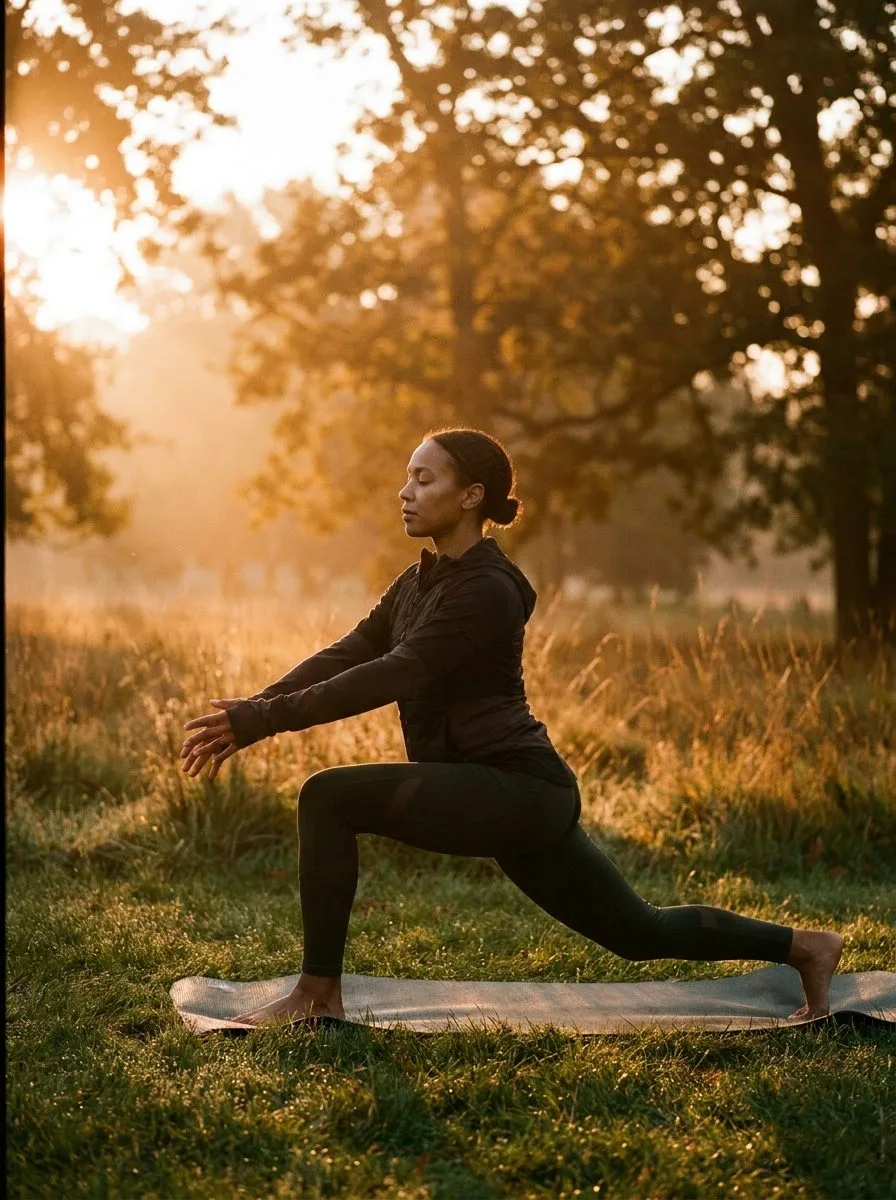 An athlete stretching outdoors at sunrise.