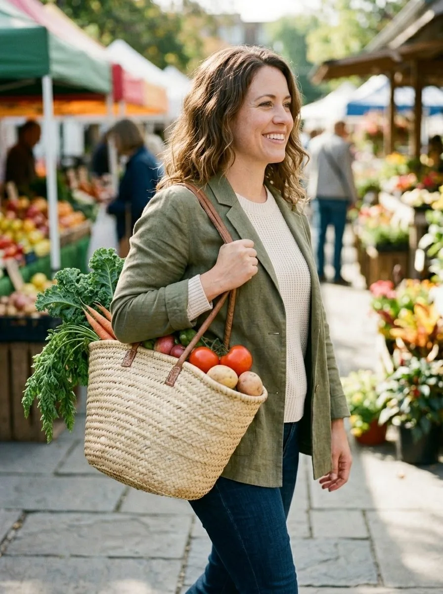 A person walking in daylight carrying a market bag.