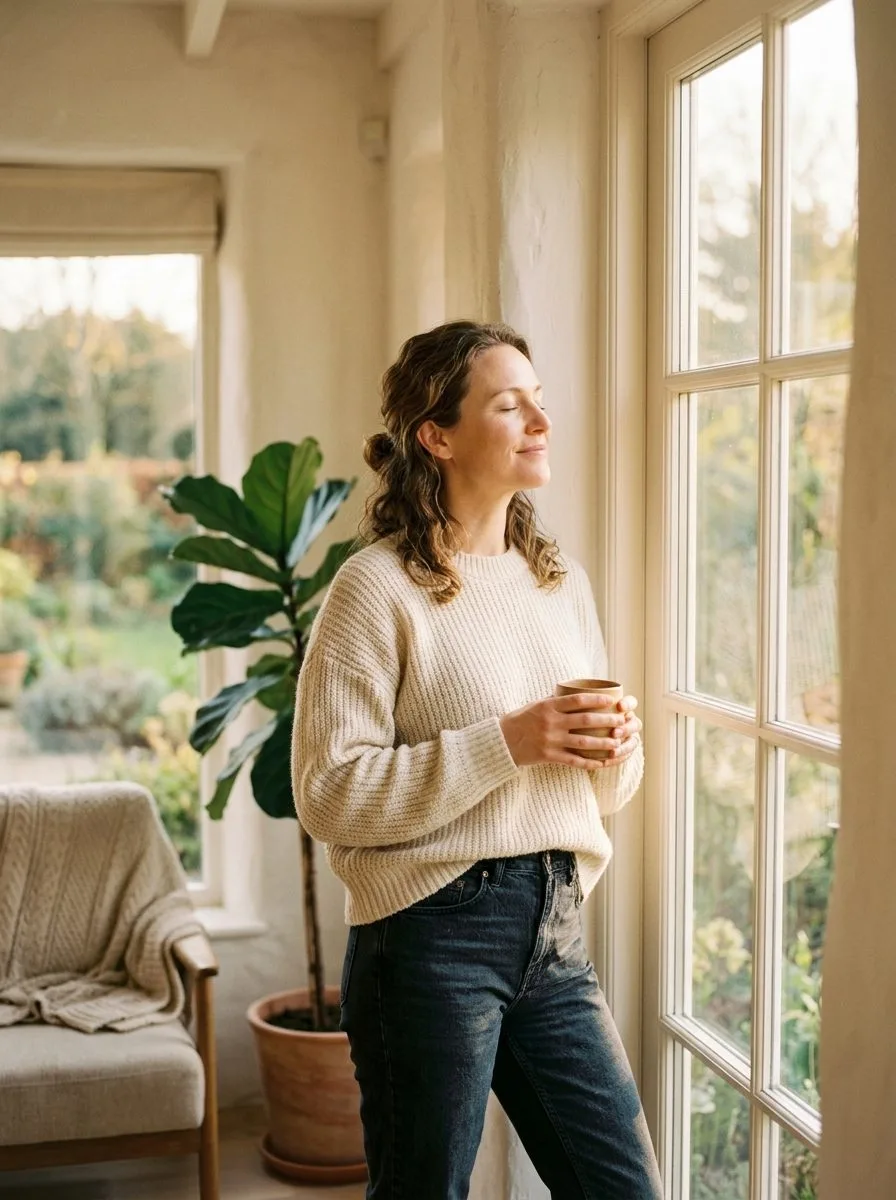 A calm portrait by a window in warm light.